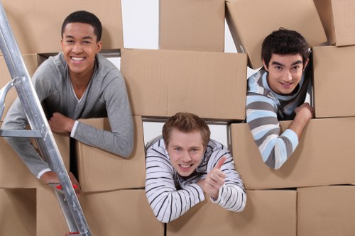 Packed boxes and office equipment prepared for a Thornton Heath business move