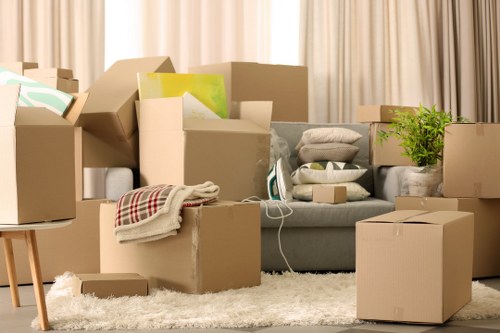 Packed retail and office items ready for transport during a commercial move