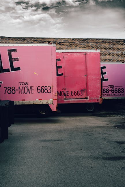Image shows three pink moving containers positioned along a brick wall, with the largest container on the left, a smaller one in the middle, and an even smaller one on the right. The containers are situated on a paved driveway or loading area, with one partially open to reveal the interior, which is likely used for storing and transporting household furniture and boxes during a home relocation. The containers are made of durable plastic or metal with printed text, including the company's contact information, indicating they are part of a professional moving service. Overhead, the sky is cloudy, and the scene appears to be outdoors, possibly on a property or at a loading zone for a house removal process, typical of the logistics involved in furniture transport and packing for a house move. Man with Van Thornton Heath is known for their removals services, and this image visually represents the loading or transport phase of their moving process using specialized containers and equipment.